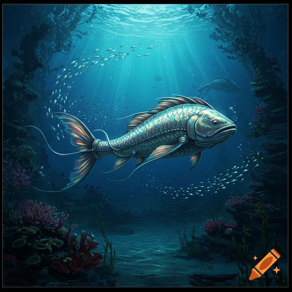 A large, iridescent, stylized fish with ornate fins swims in a vibrant underwater coral reef with small fish and sun rays.