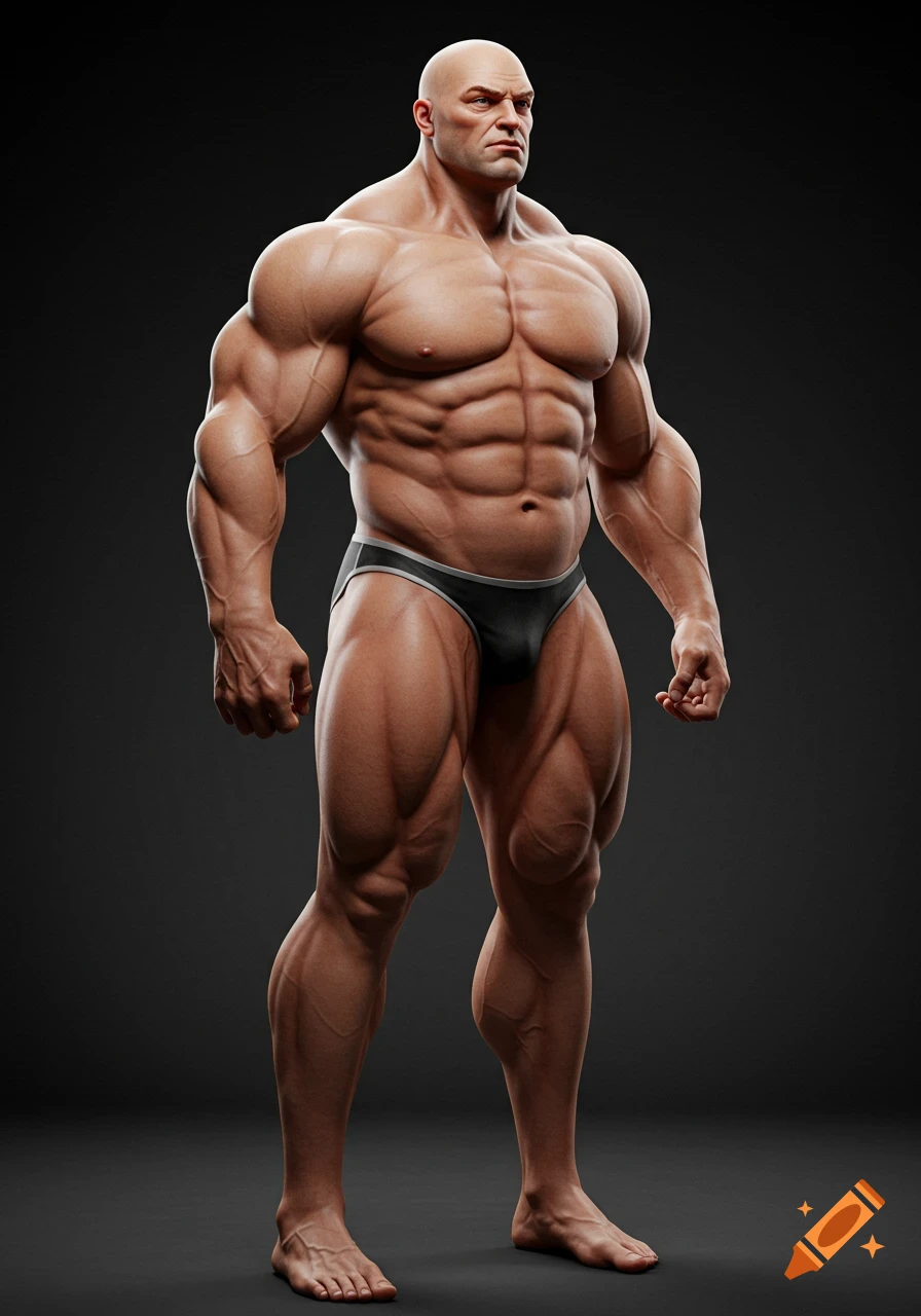 Photorealistic image of a bald, extremely muscular male bodybuilder in black briefs, standing against a dark background, showing strong definition.