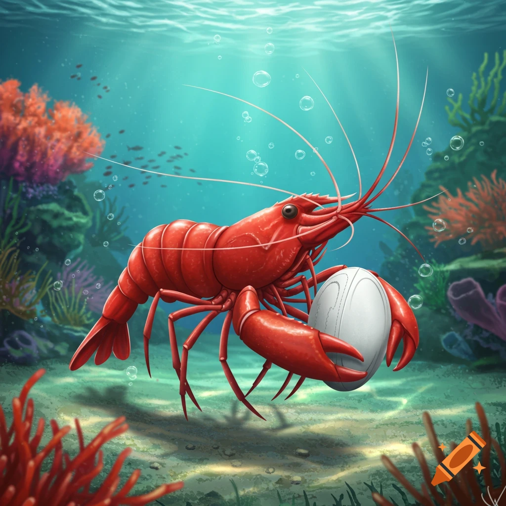 A vibrant red shrimp with long antennae holds a small white rugby ball in its claws, swimming in a clear blue underwater scene with coral.
