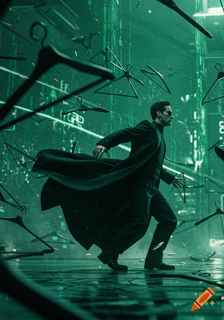 Neo from The Matrix dodges numerous coat hangers in a dark green, digital rain-filled environment. Photorealistic style.