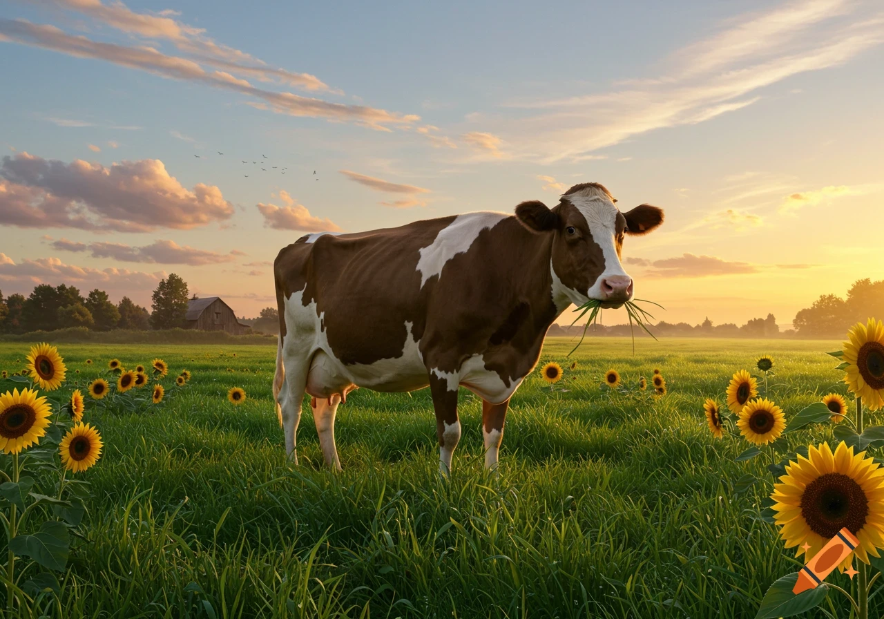 Photorealistic image of a brown and white cow eating grass in a sunflower field at sunset, with a barn in the background.