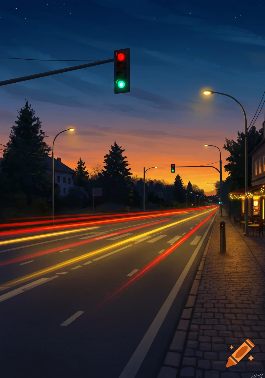 Vibrant illustration of a city street at dusk with red and yellow car light trails, streetlights, and buildings under a colorful sky.