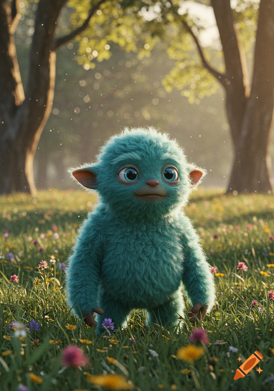 A cute, teal, furry creature with large blue eyes stands in a field of colorful wildflowers under soft sunlight.