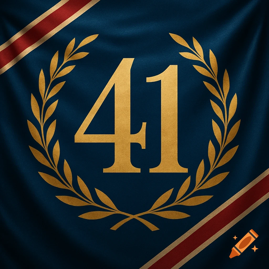 A regal dark blue flag with a golden number 41 encircled by a laurel wreath and diagonal ribbons.