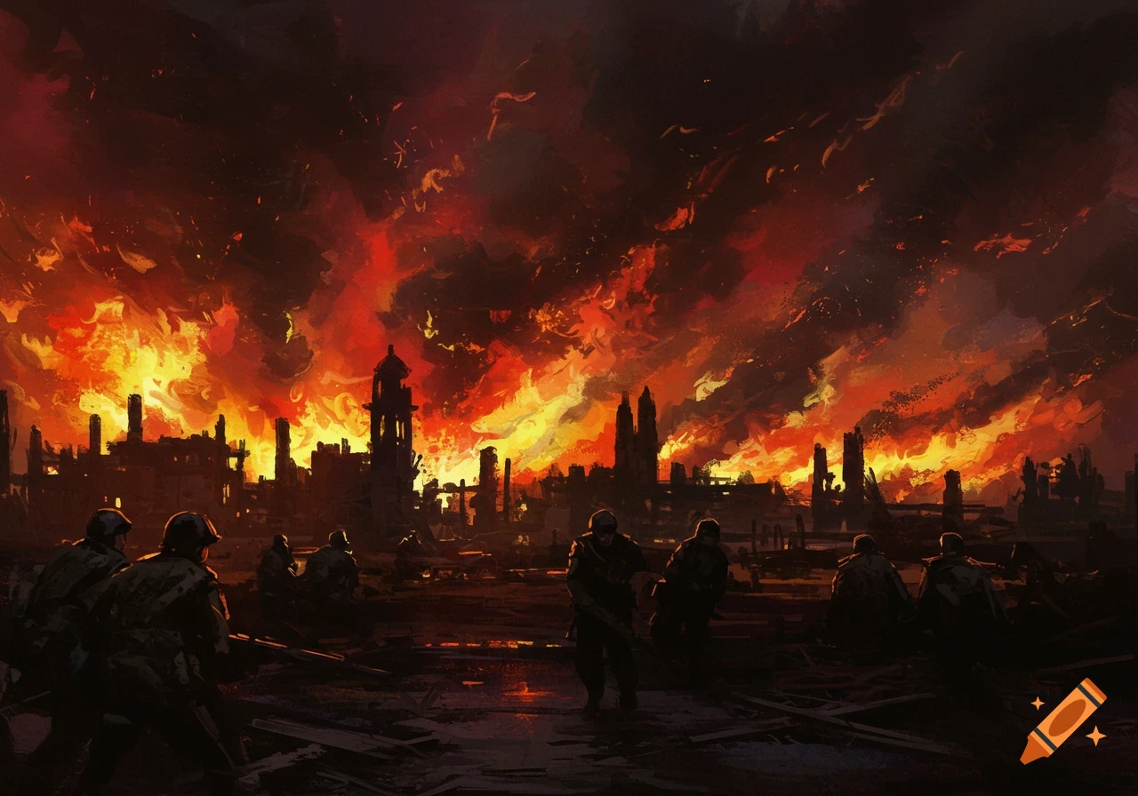 High contrast painting of soldiers in a burning, destroyed World War 2 city.