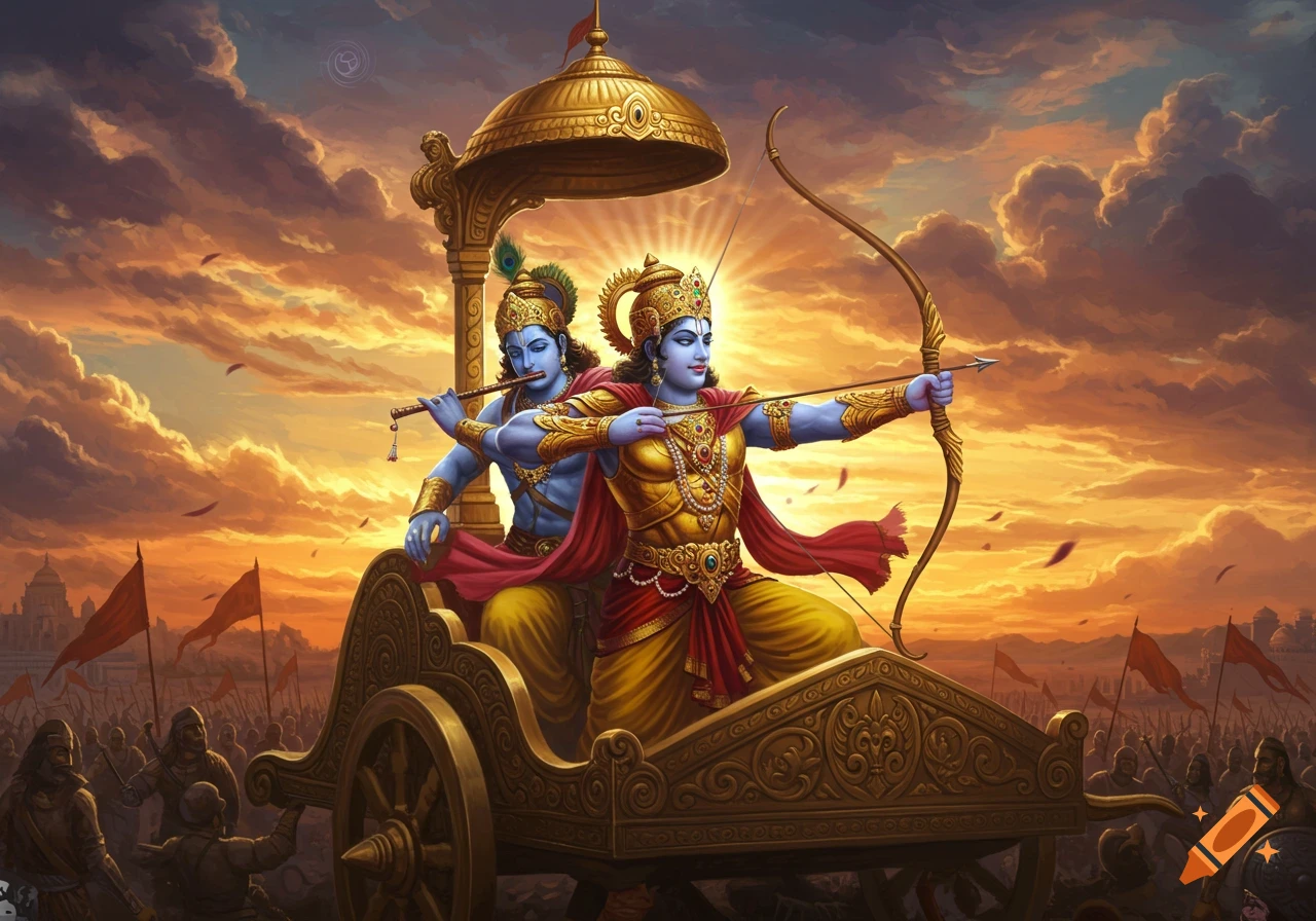 Krishna plays flute as Arjuna aims a bow from a golden chariot on a battlefield at sunset, with an army in background. Detailed illustration.
