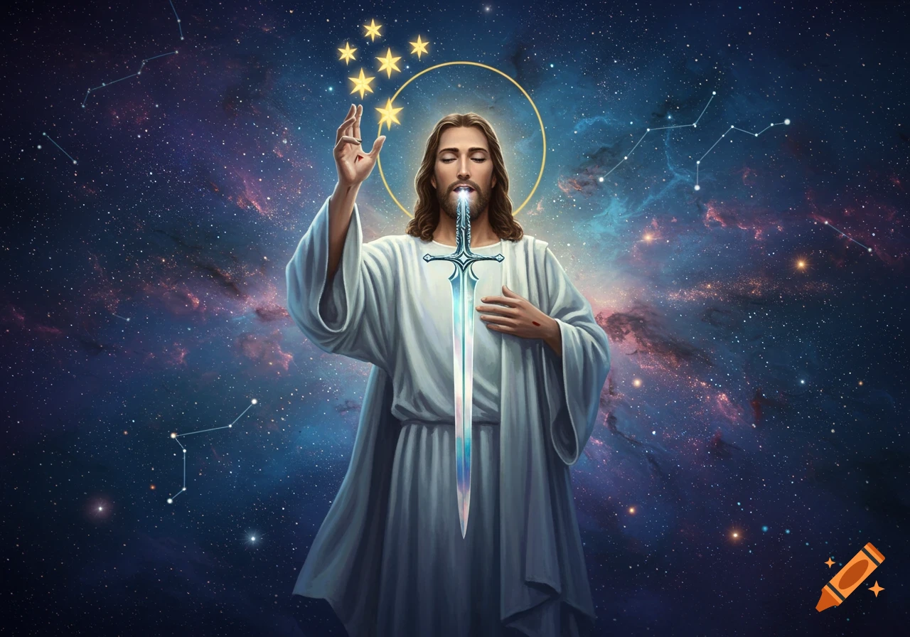Jesus in white robes with a glowing sword emerging from his mouth, holding stars in his hand against a cosmic backdrop.
