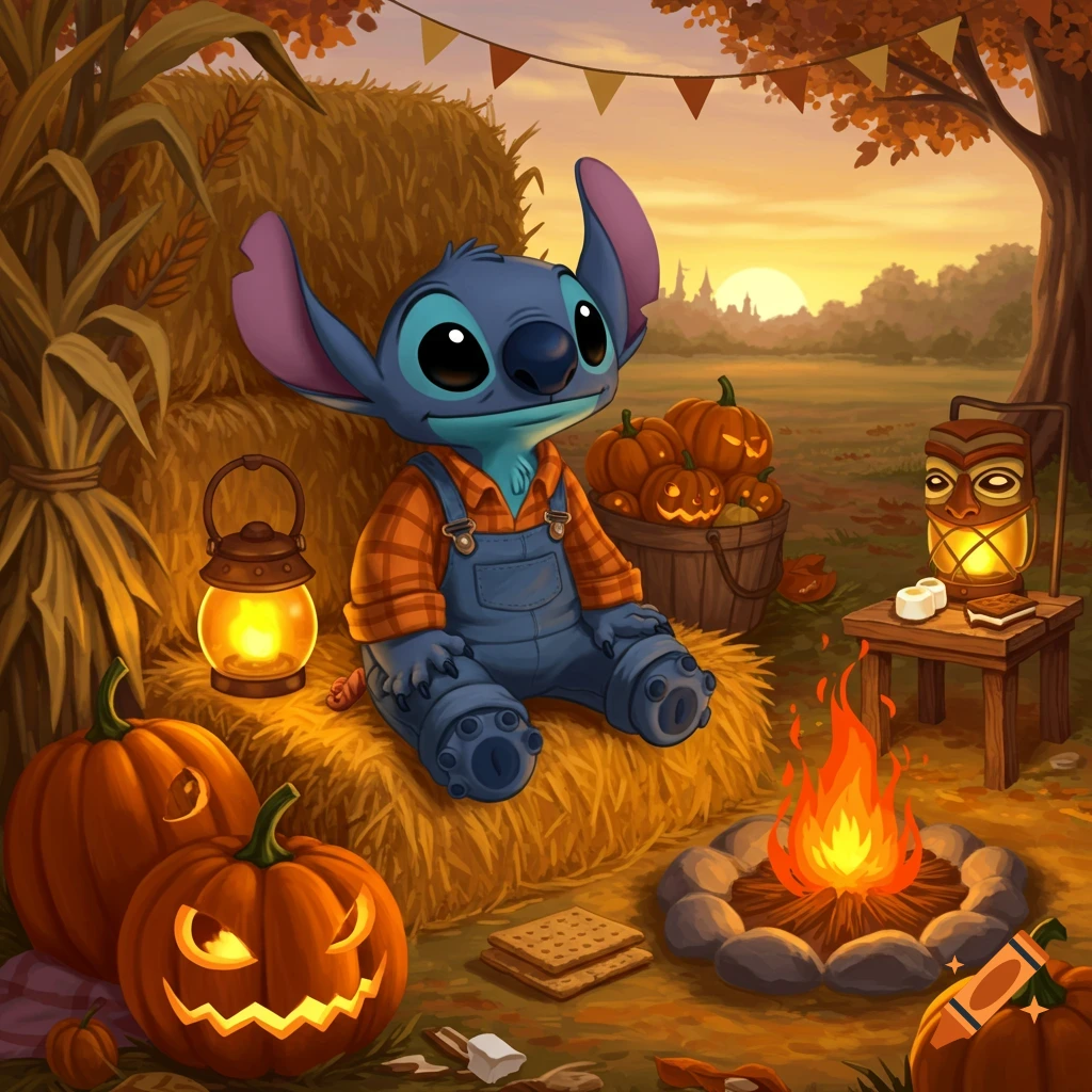 Cartoon character Stitch in overalls sits on hay bale amidst pumpkins, campfire, and tiki lantern at sunset.