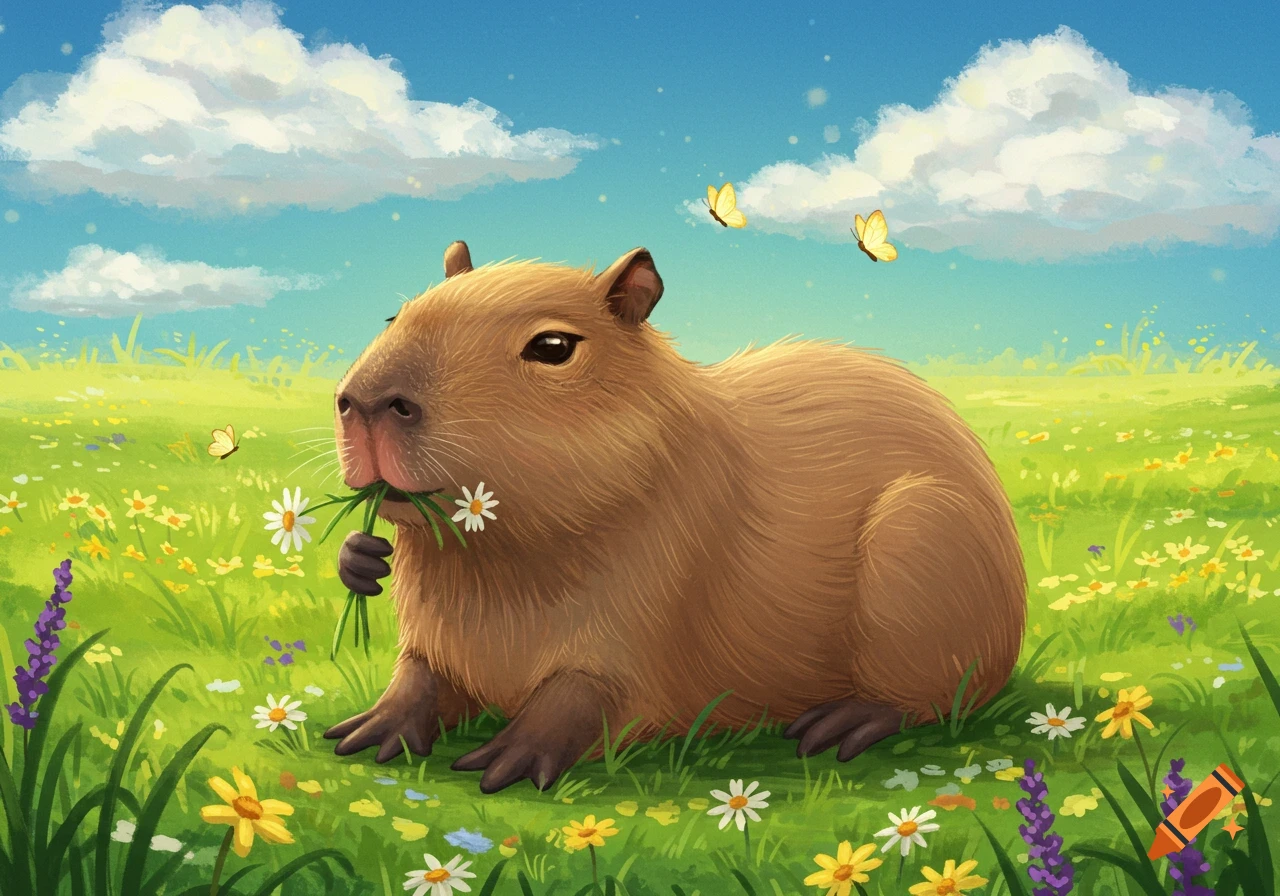 A cute capybara chewing grass and flowers in a vibrant green meadow under a blue sky. Digital illustration.