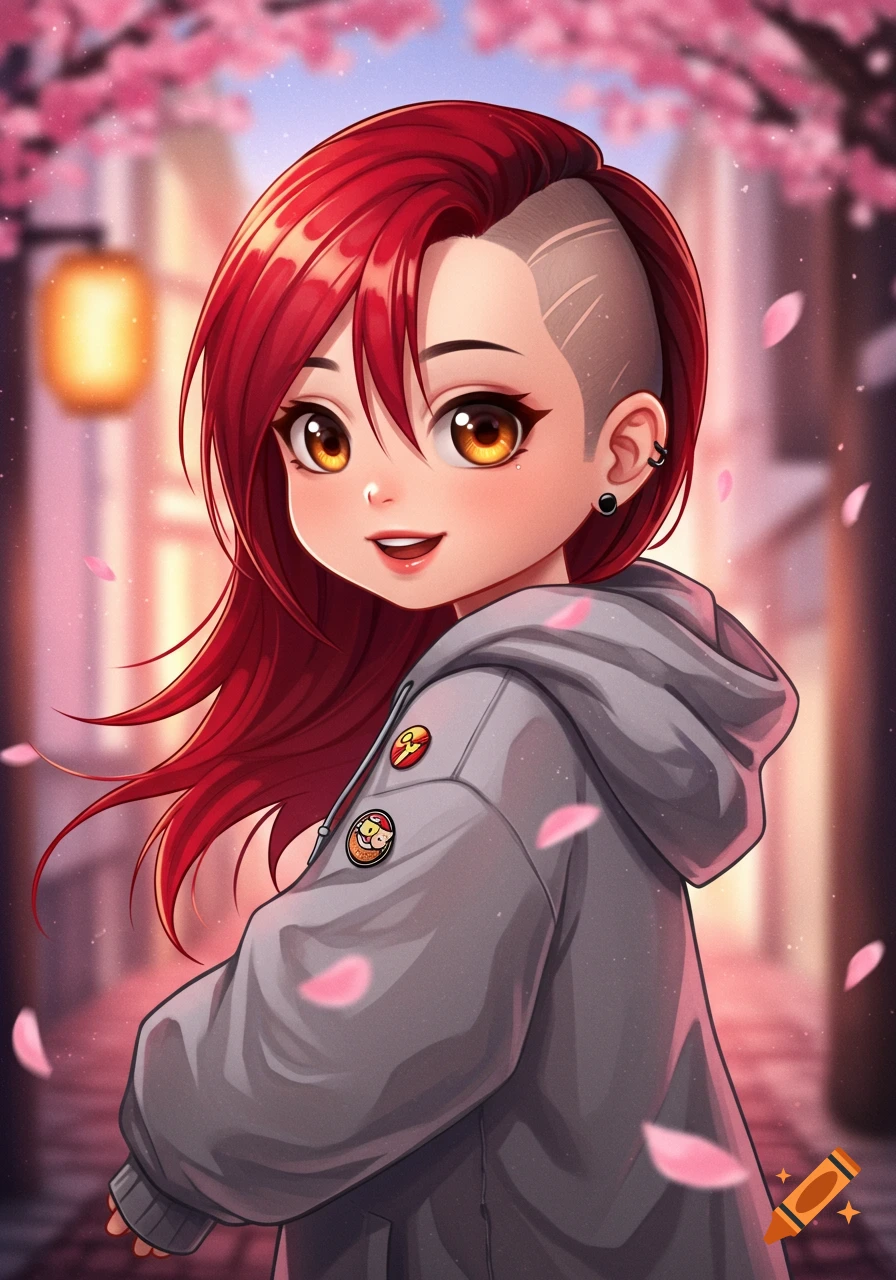 Cute anime girl with red hair and a side shave, wearing a grey hoodie, standing among cherry blossoms.