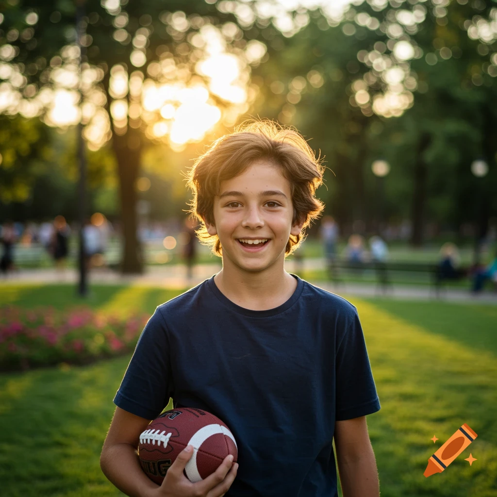 Smiling boy with brown hair and a blue shirt holding a football in a sunny park.