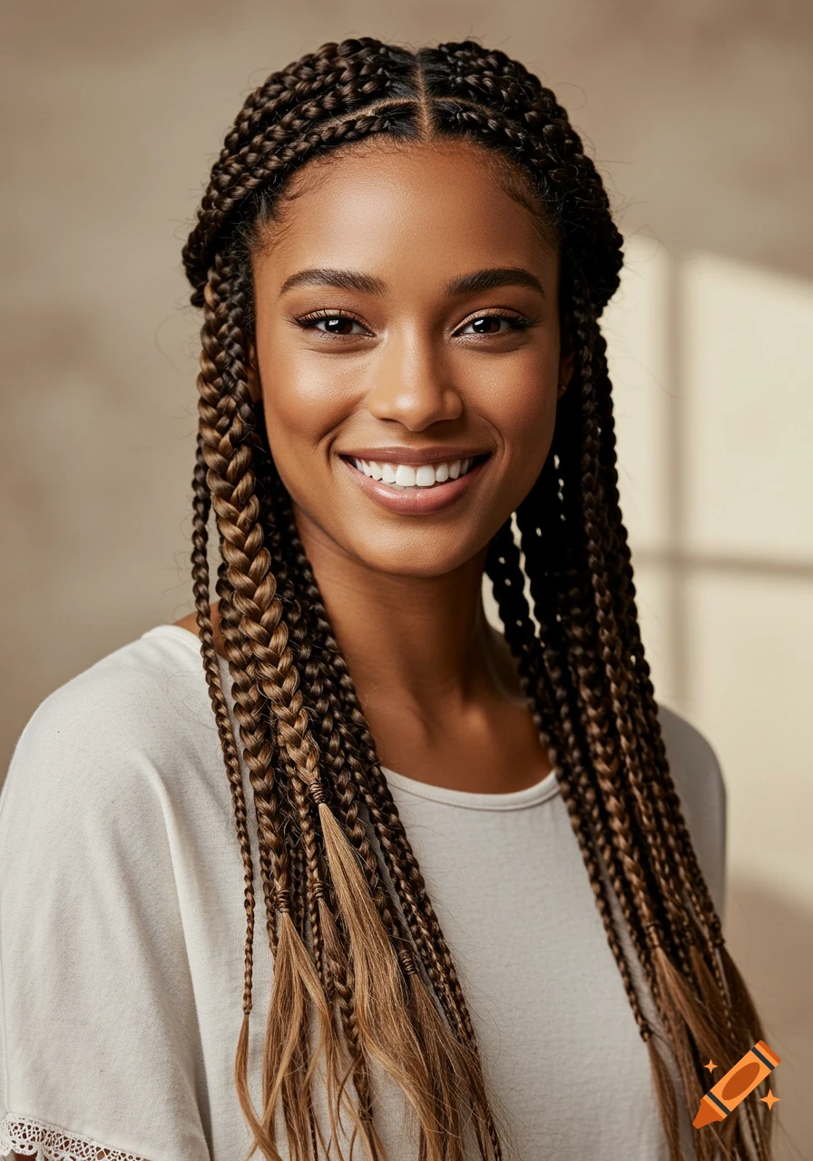 Photorealistic portrait of a smiling woman with long brown boho braids.