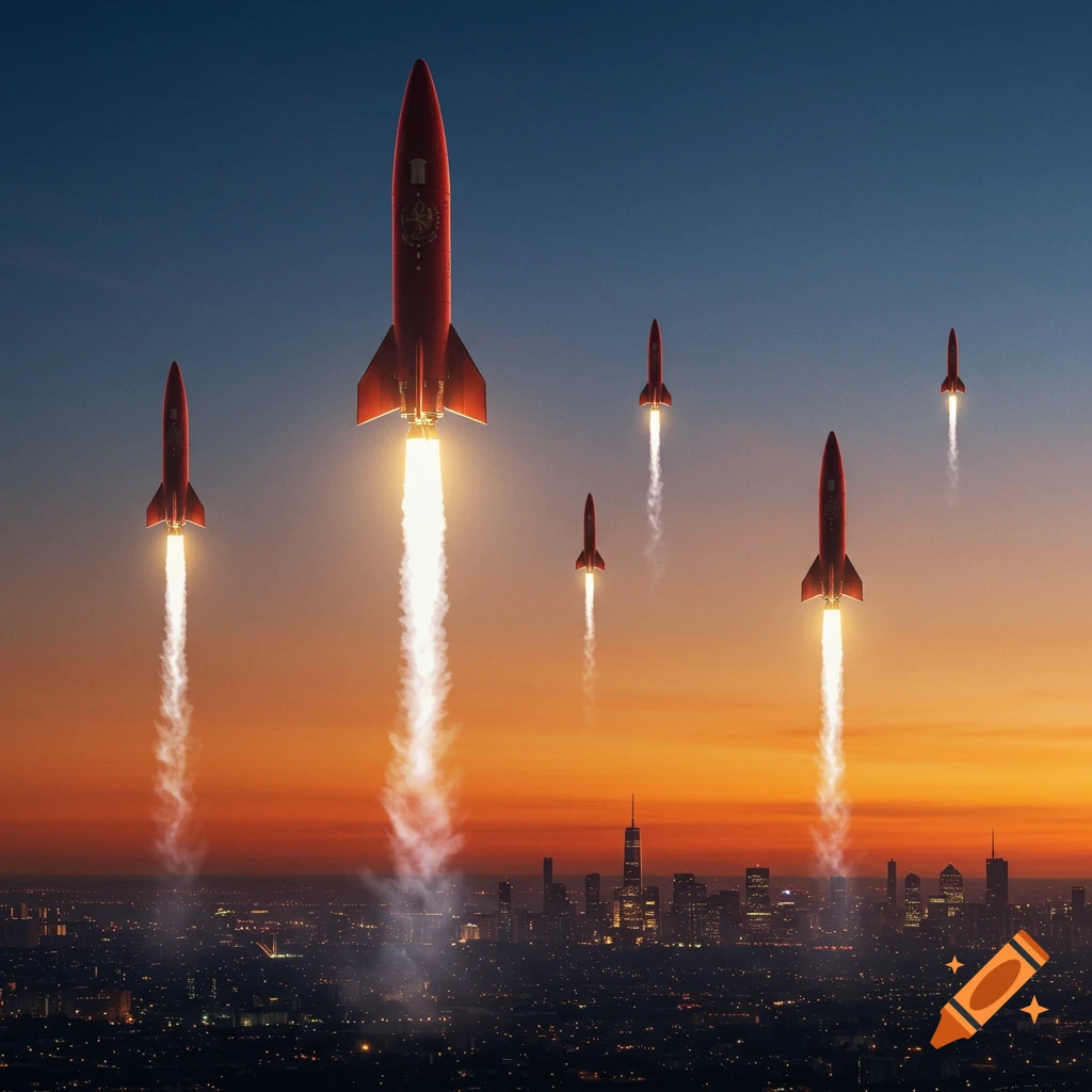 Multiple red rockets launch with fiery trails over a city skyline at a vibrant sunset.