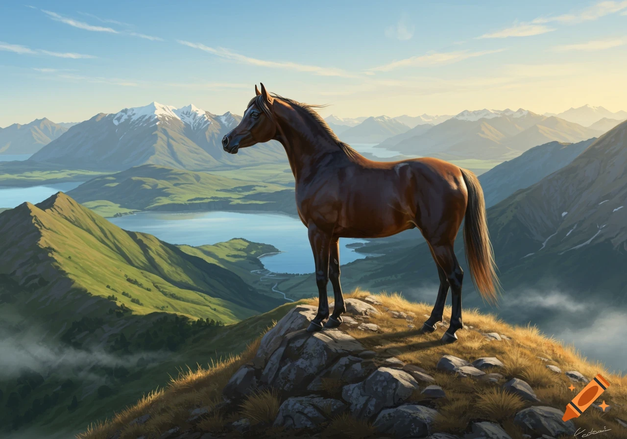 A majestic brown Arabian horse stands on a rocky mountain peak overlooking a vast valley with lakes and snow-capped mountains.