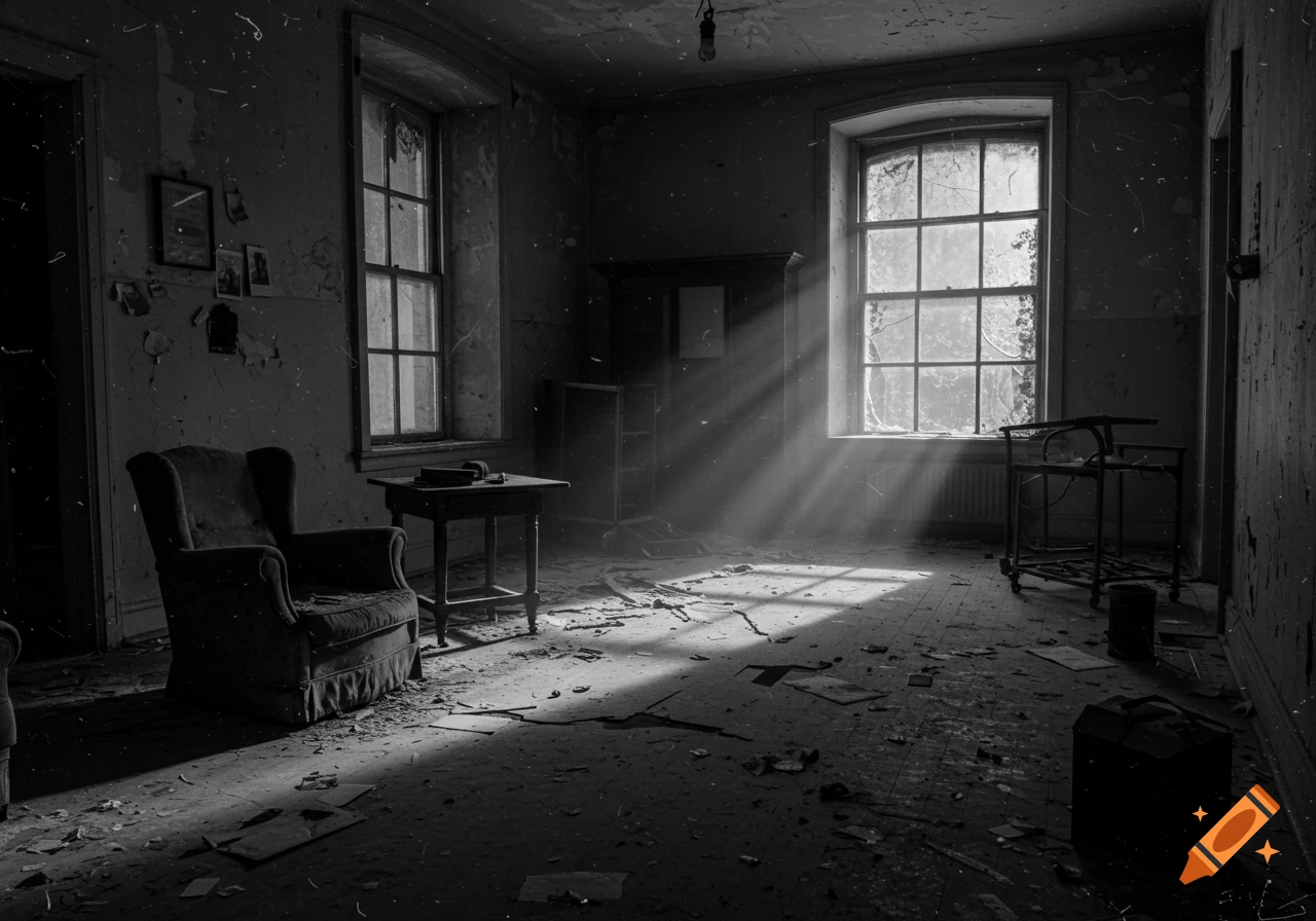 Black and white photography of an abandoned asylum room with a dusty armchair, broken furniture, and sun rays piercing through a dirty window.