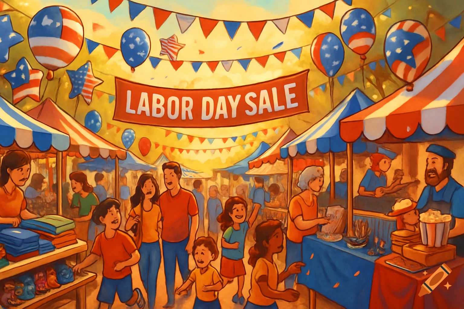 Illustrated Labor Day market scene with people, stalls, and patriotic decorations, featuring a 'LABOR DAY SALE' banner.