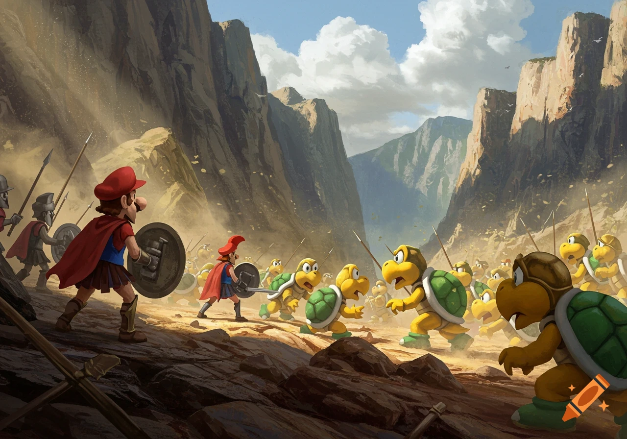 Mario as a Spartan warrior leads soldiers against an army of Koopas in a dramatic valley battle, in an illustrative style.