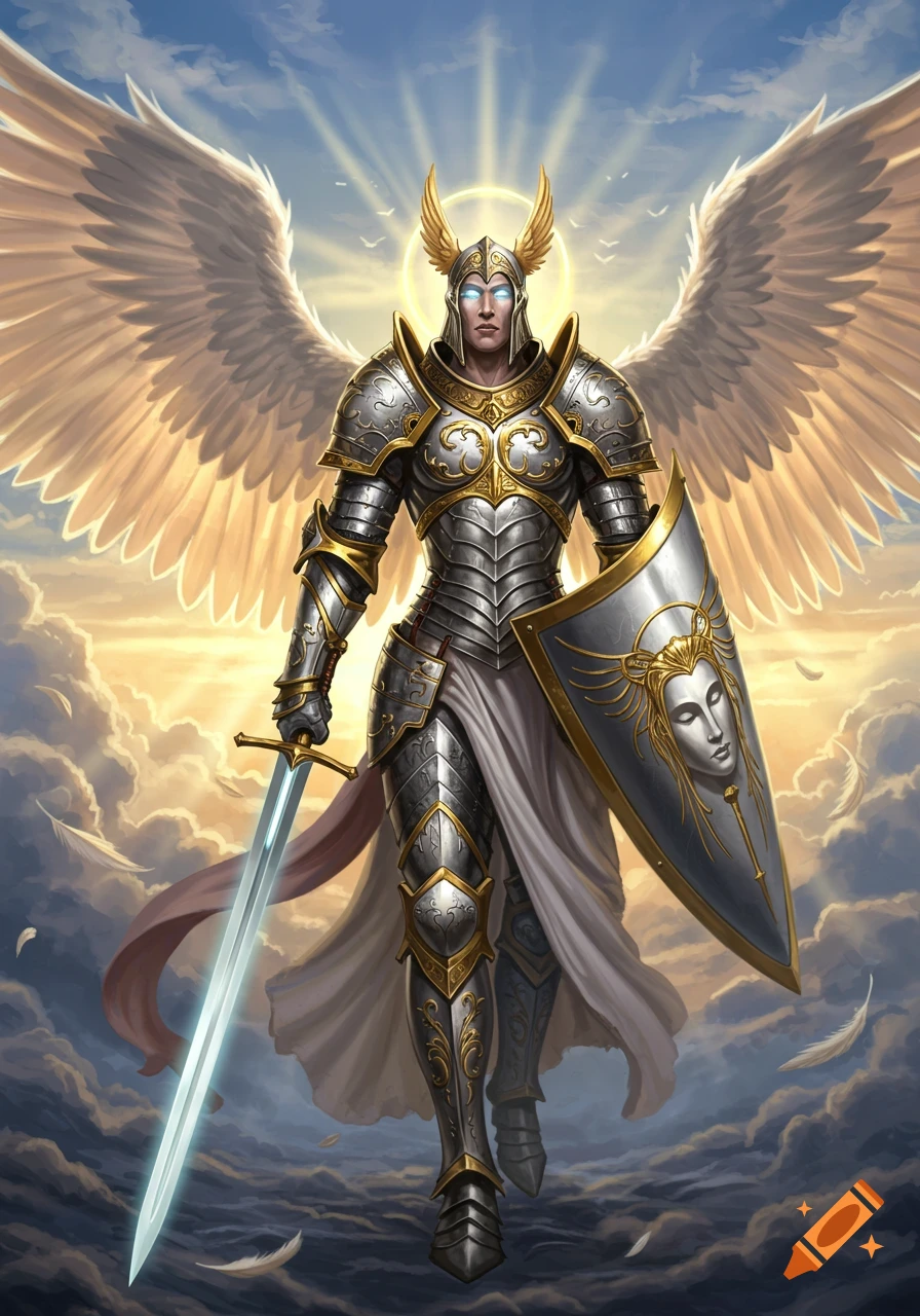 A majestic, fully armored angel with glowing eyes, large wings, a sword, and a shield stands in the clouds against a bright, sunlit sky.