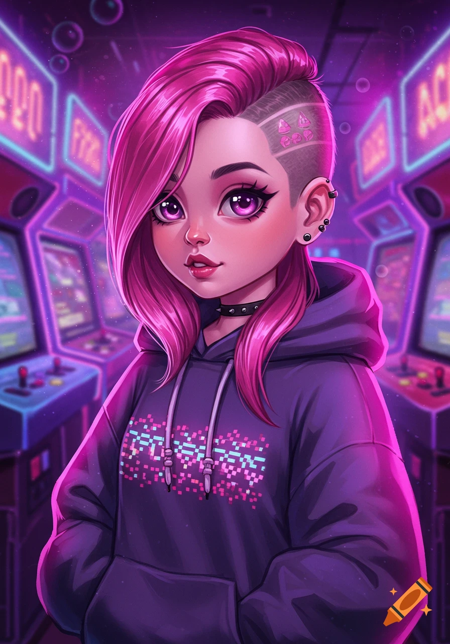 A cute anime girl with pink hair and a shaved side head stands in a neon-lit arcade, wearing a purple hoodie with a pixel art design.