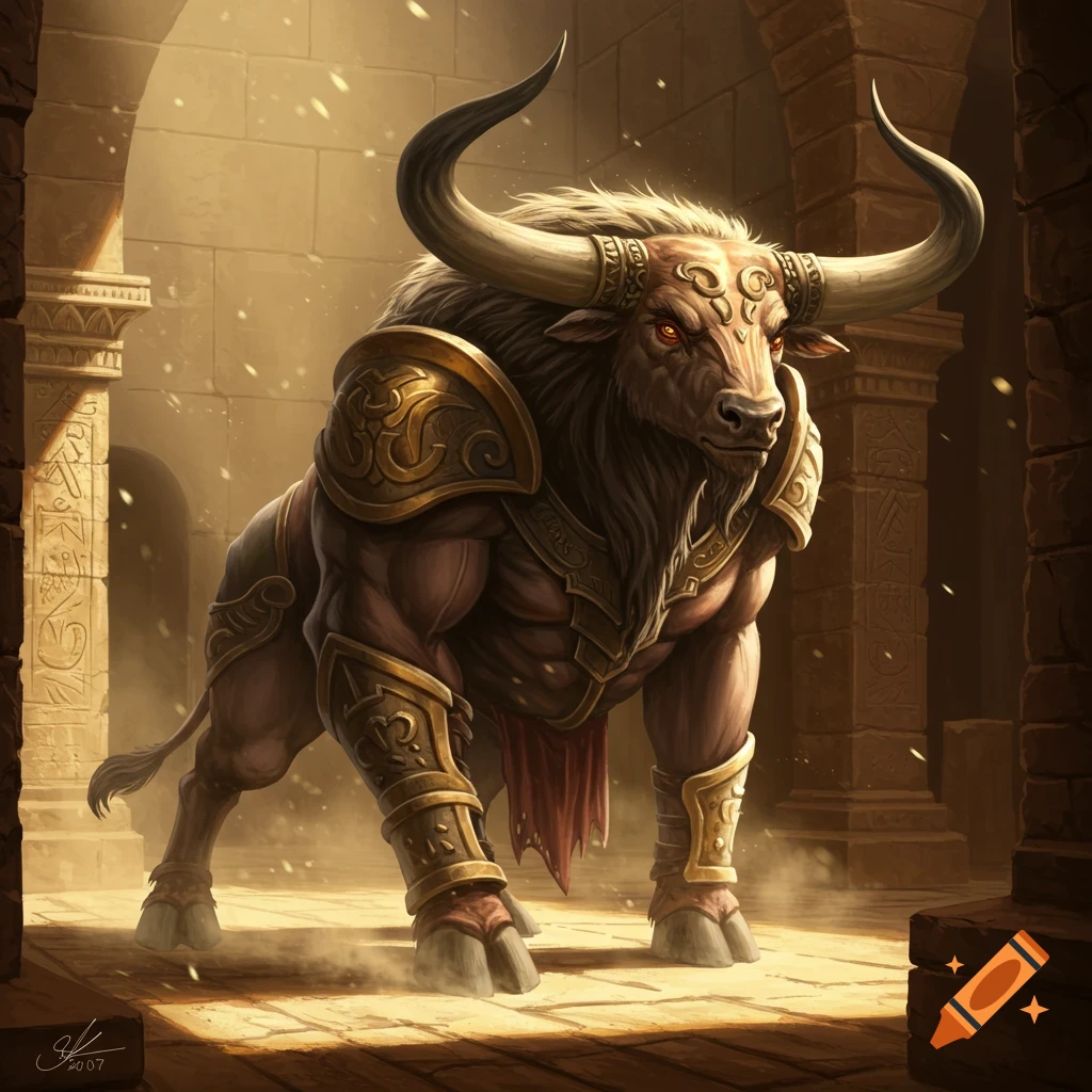 A powerful, armored minotaur with curving horns stands in a sunlit ancient stone chamber, fantasy art style.