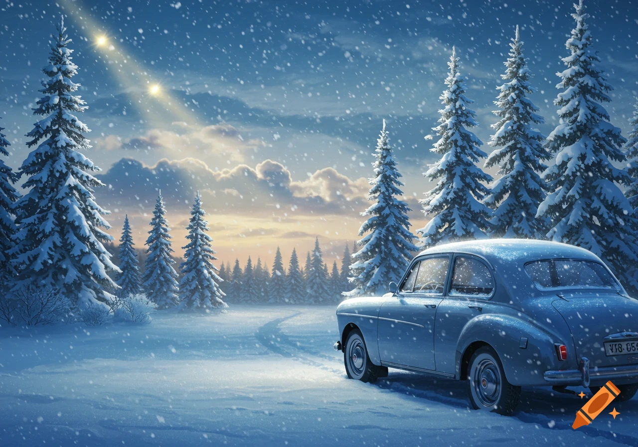 A classic blue car is parked in a snowy winter forest with pine trees under a bright, cloudy sky and falling snow.
