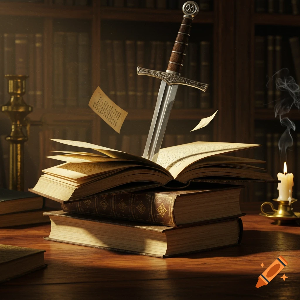 A medieval sword plunged into an open book, resting on a stack of books, in a dimly lit library. Pages float, a candle burns nearby.