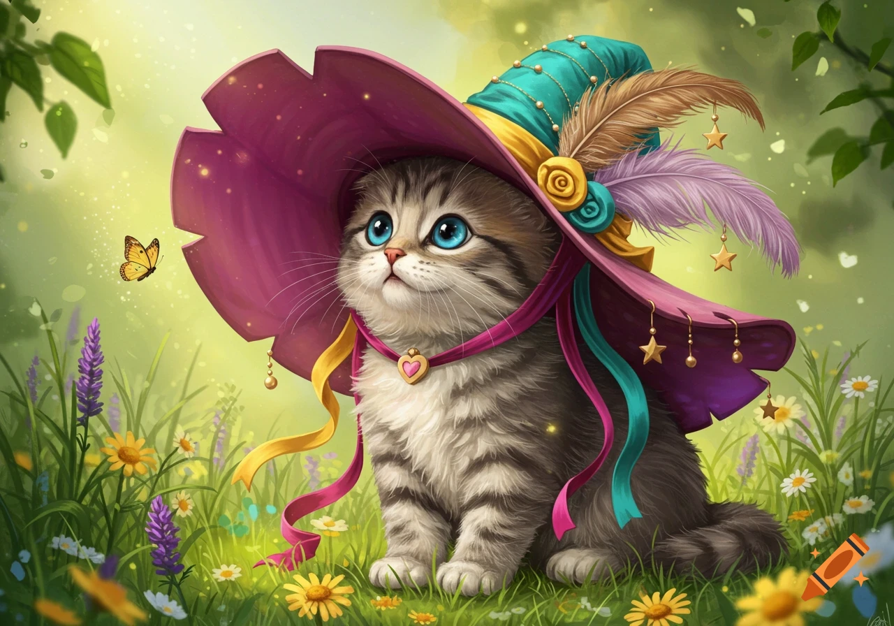 A whimsical illustration of a cute tabby kitten wearing an ornate purple and teal hat, sitting in a field of colorful wildflowers and looking up at a butterfly.