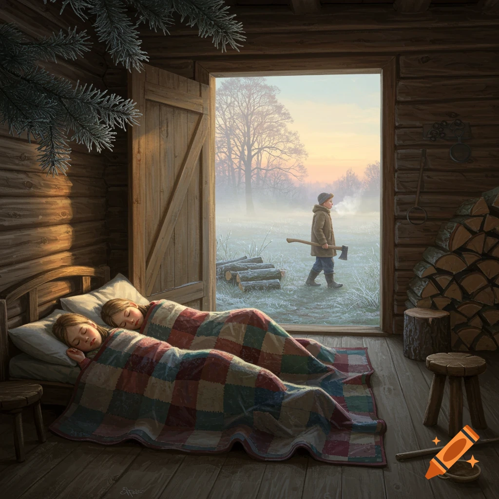 Two girls sleep in a log cabin while a boy with an axe walks into a frosty, misty winter landscape outside the open door. Illustrated.