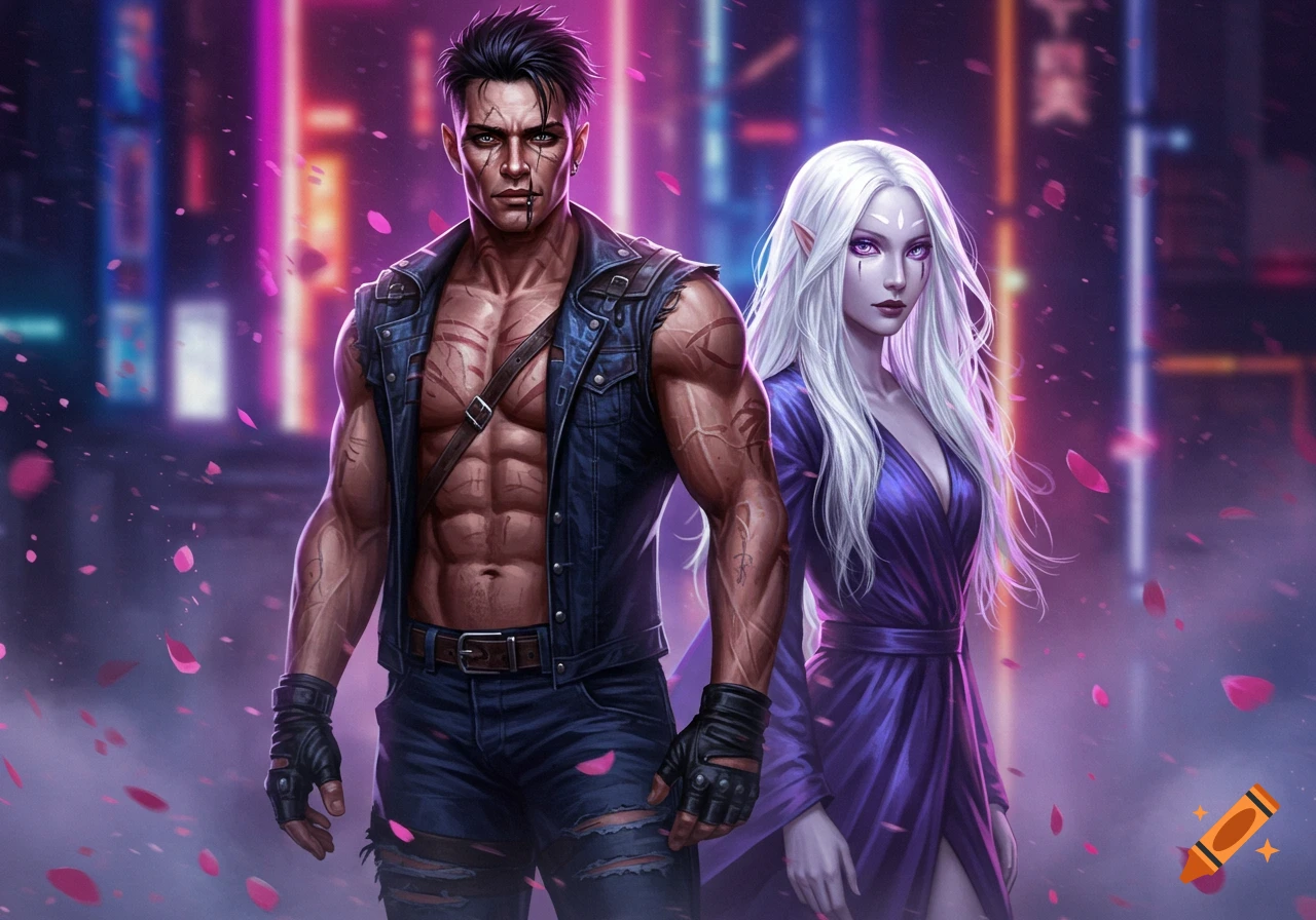 A muscular man with scars and a white-haired elf woman with purple eyes stand in a neon-lit cyberpunk city with falling pink petals.