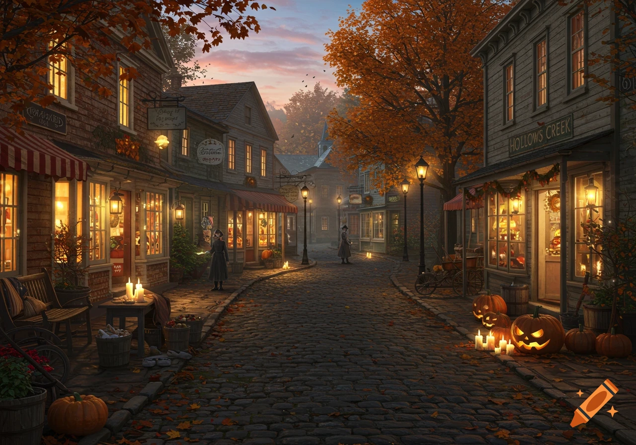 Charming autumn town street at twilight, decorated for Halloween with glowing pumpkins, lanterns, warm shop lights, cobblestones, and fall foliage.
