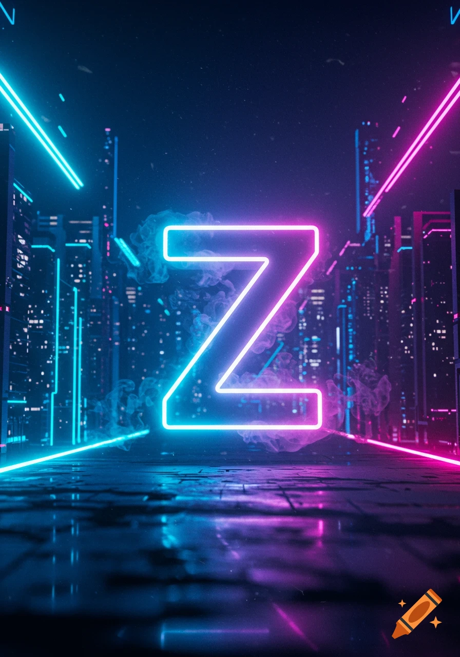 A glowing neon letter Z dominates a futuristic dark city street with blue and pink neon lights reflecting on the wet ground.