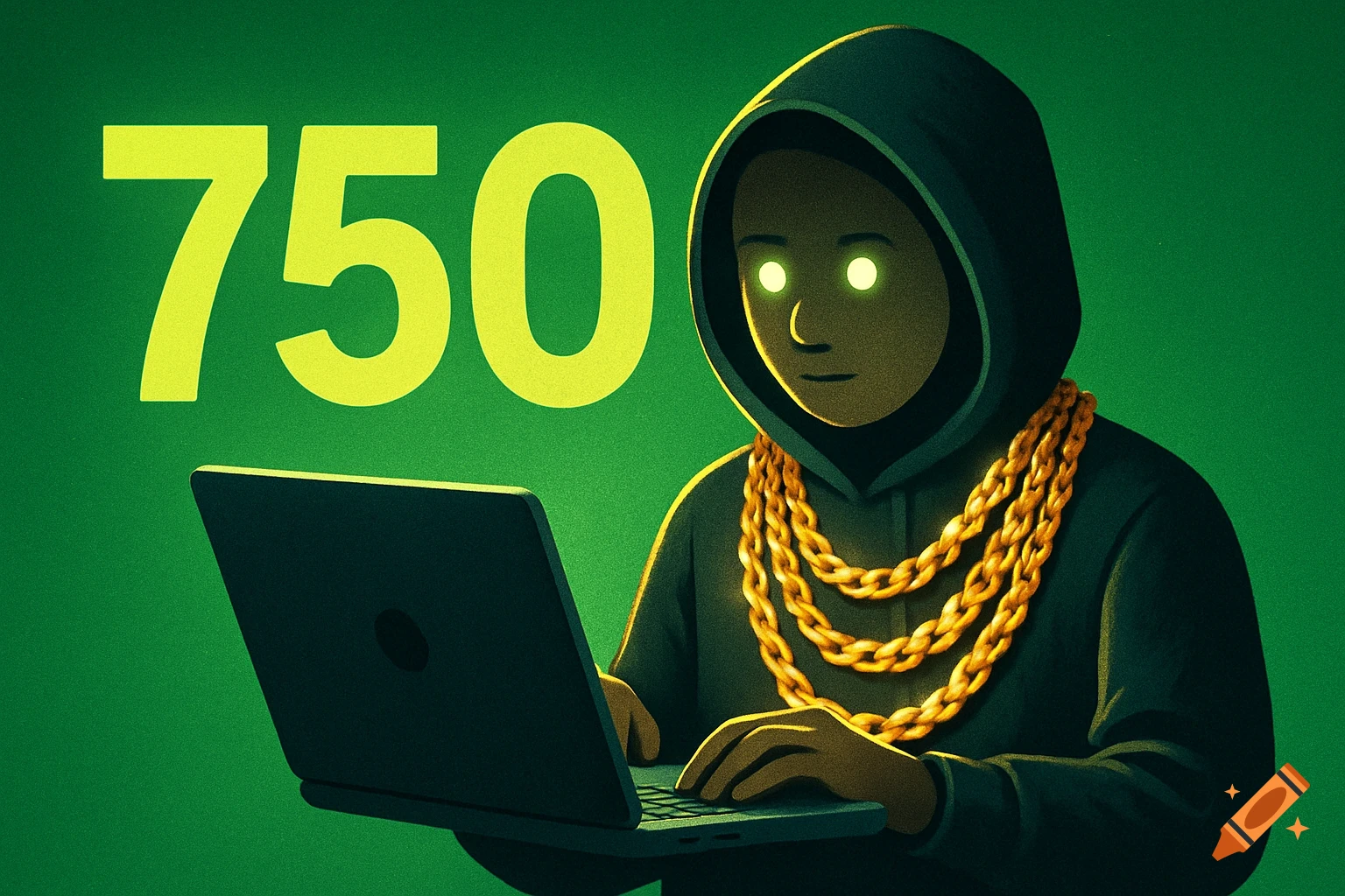 Stylized illustration of a person in a dark hoodie with glowing eyes and gold chains, typing on a laptop, with a large '750' in the background on a green field.