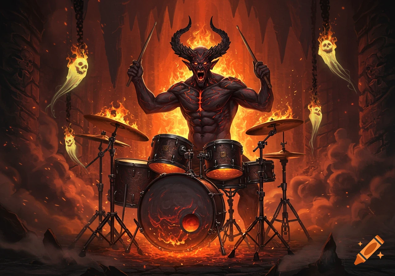 A horned demon with glowing eyes plays a drum set in a fiery hellscape, surrounded by flames and flaming skull-ghosts.