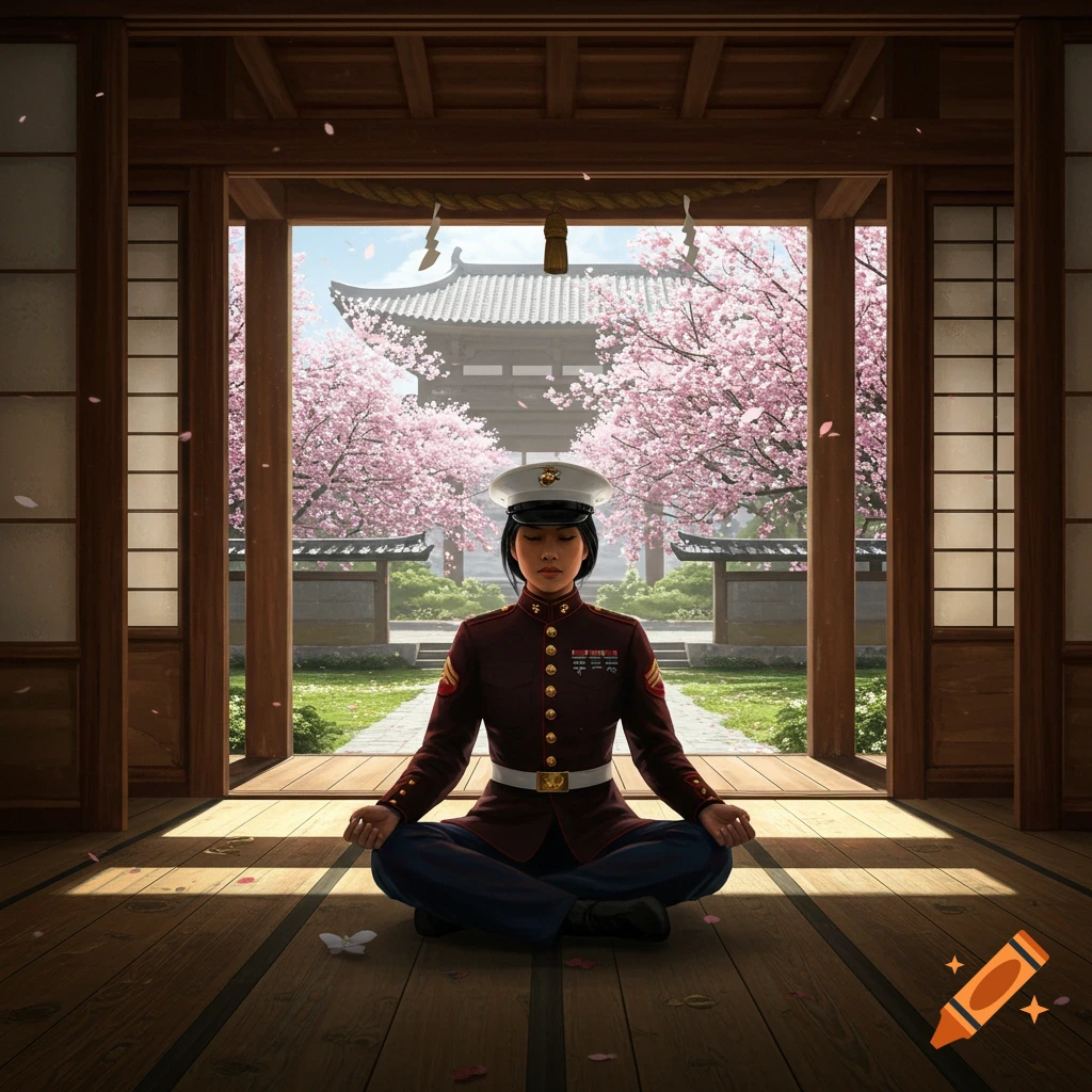 An Asian woman in a Marine Corps uniform meditates inside a Japanese temple, with cherry blossoms visible outside.