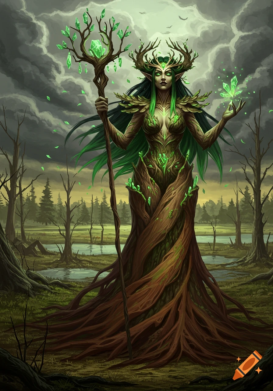 Dark fantasy illustration of a tree-like goddess-queen with green hair, holding a crystal staff, in a withered, stormy marsh.