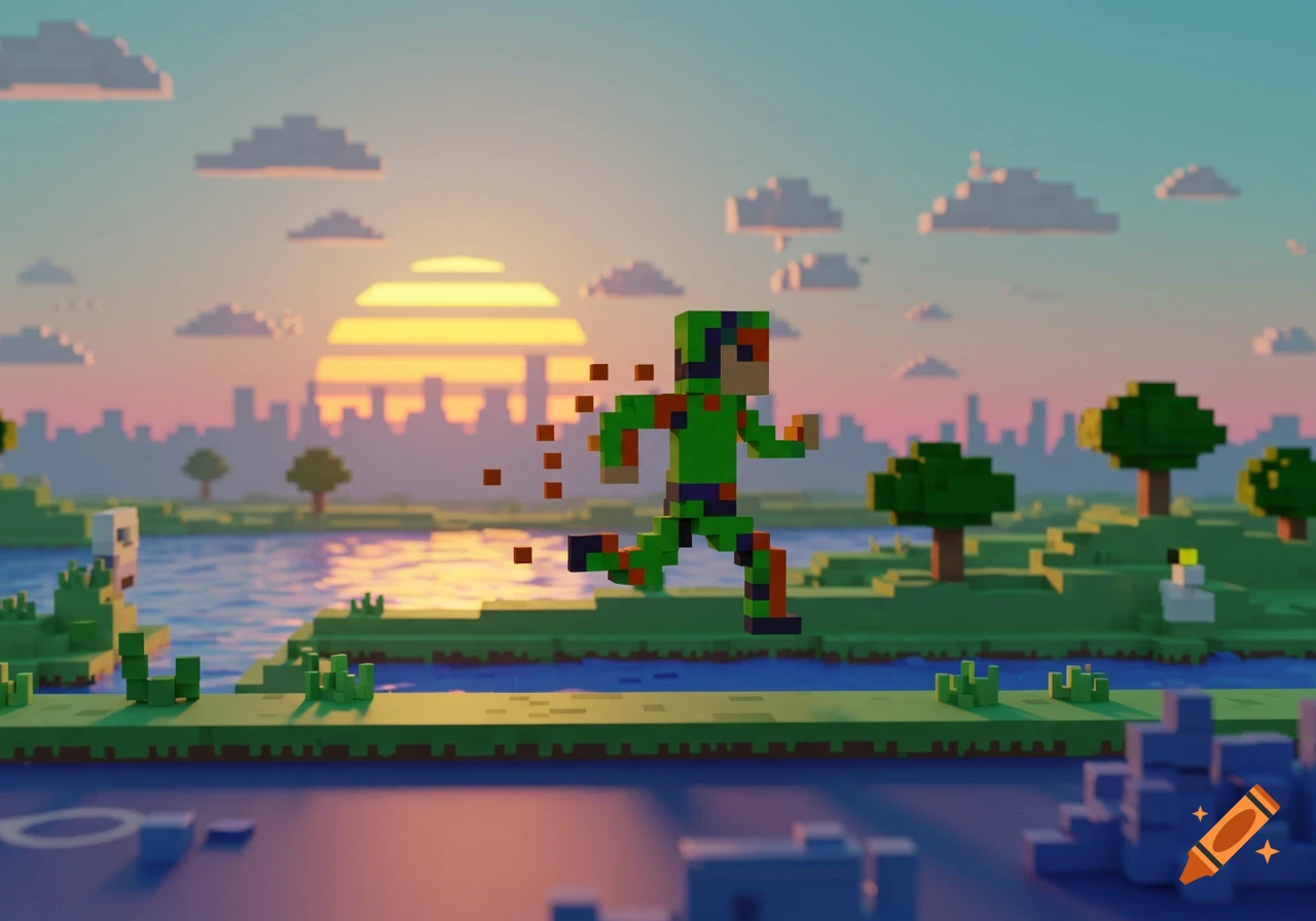 A pixelated runner sprints across a blocky landscape with a river and city skyline at sunset, in a video game art style.