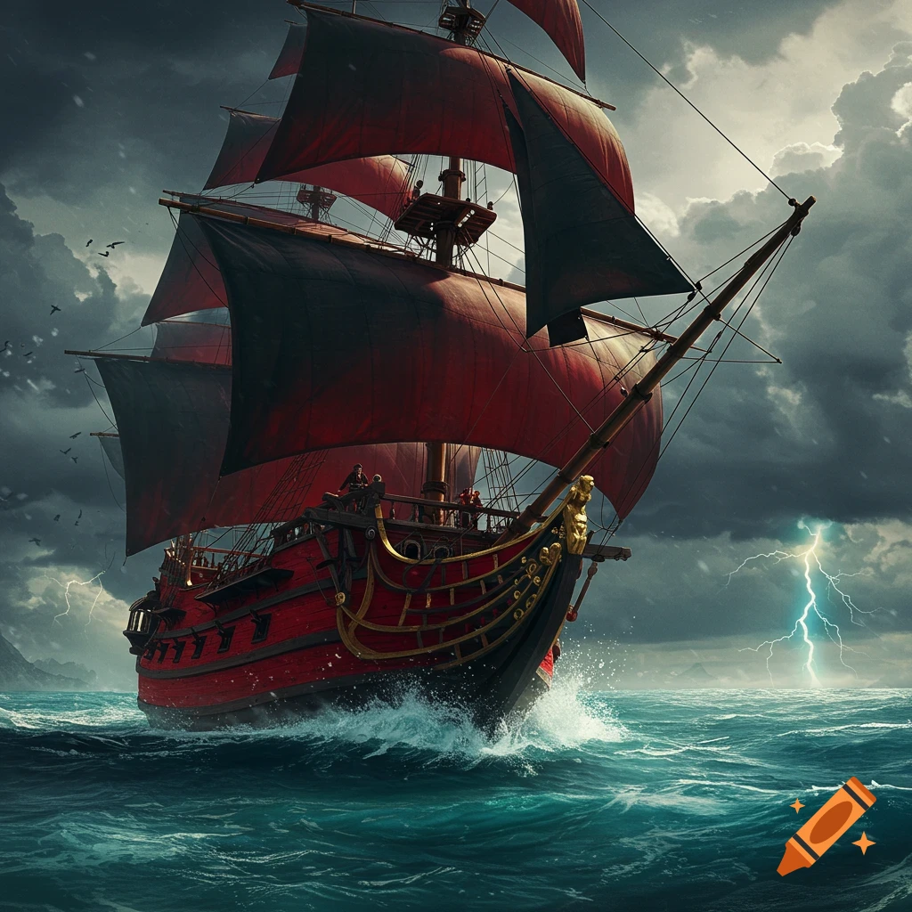 A majestic red pirate galleon with dark sails sails through a stormy sea with lightning in the sky.