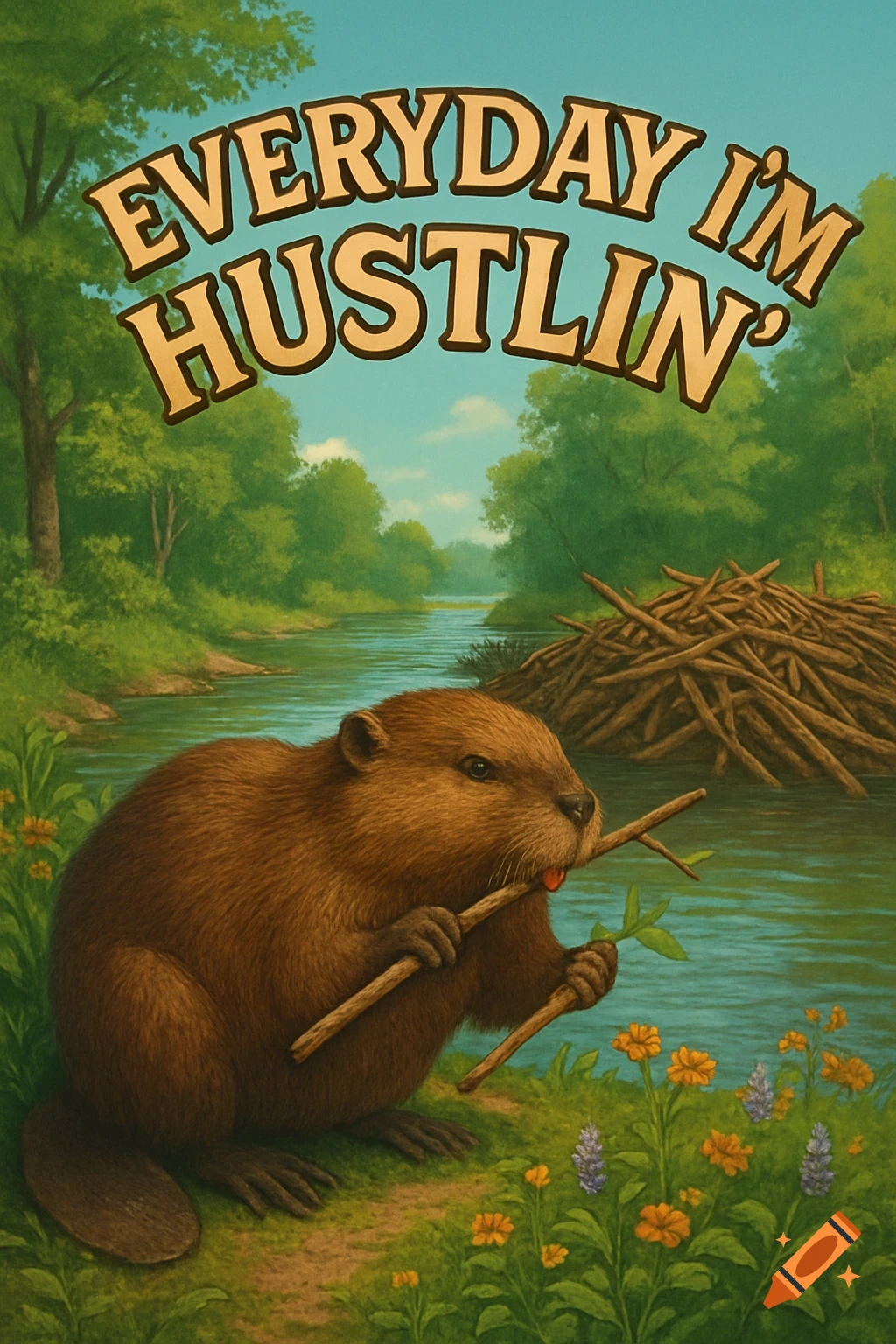 Illustrative cartoon of a beaver holding sticks by a river with a dam and forest, text 'EVERYDAY I'M HUSTLIN'' at top.