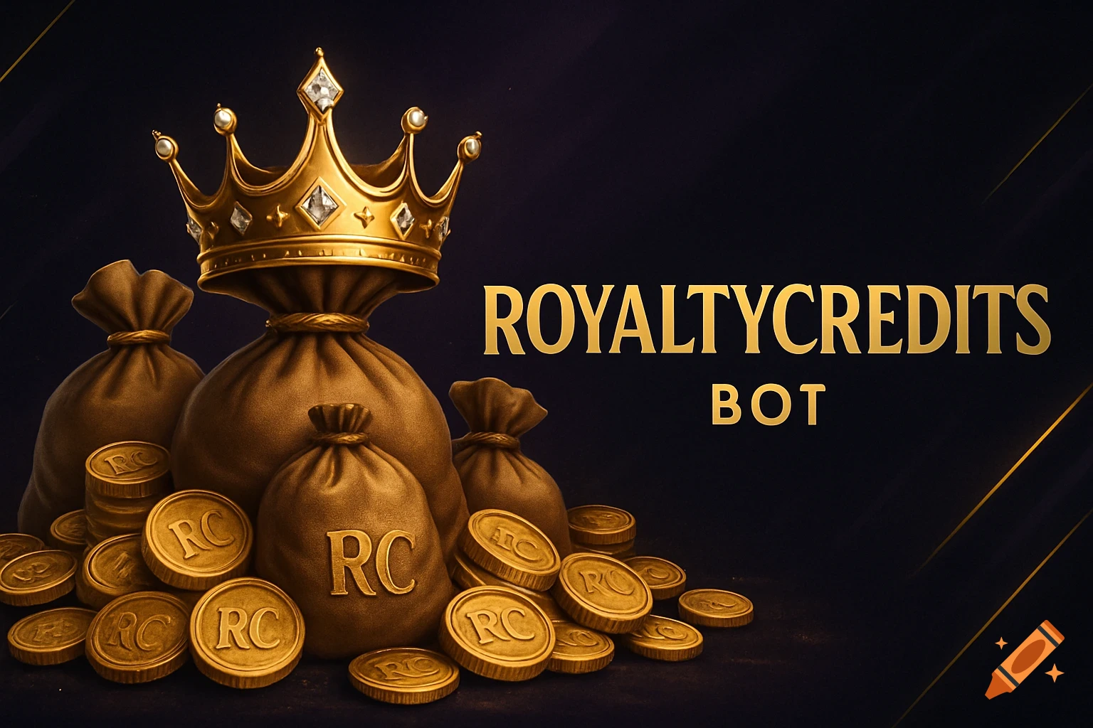 Golden crown on a large money bag, surrounded by gold coins with 'RC' and text 'ROYALTYCREDITS BOT' on a dark background.