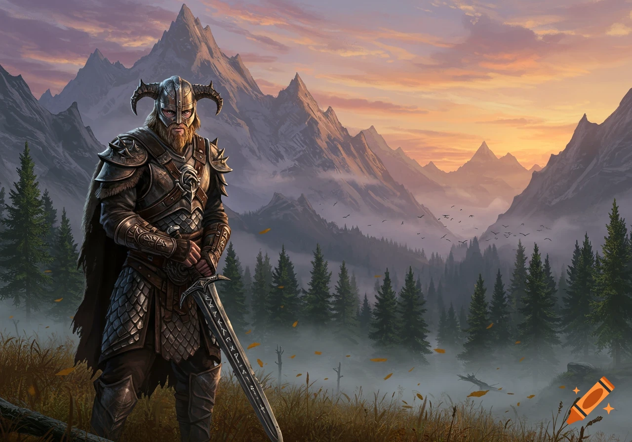 A bearded warrior in Viking-like armor and a horned helmet stands with a sword in a mountainous, forested landscape at sunset.