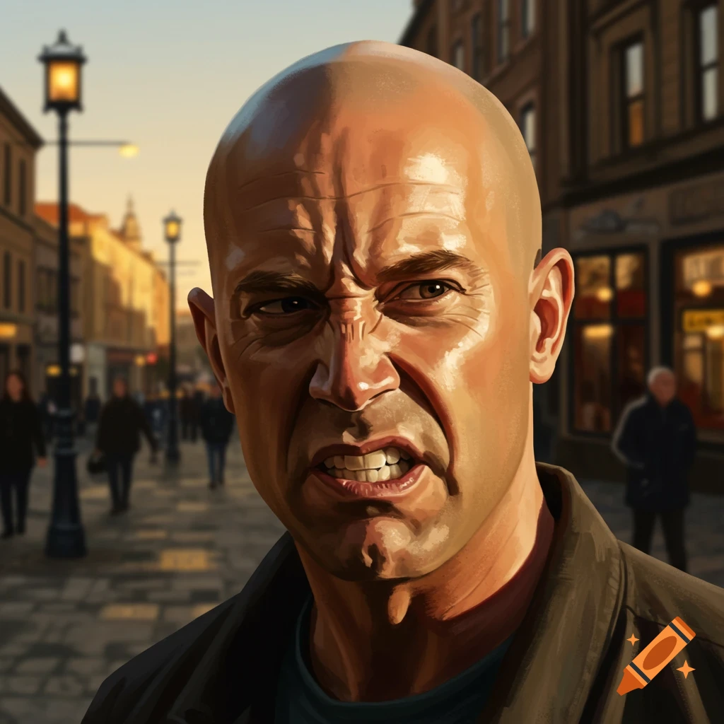 Close-up digital painting of a bald man with an angry, intensely squinting expression, in an urban street at sunset.