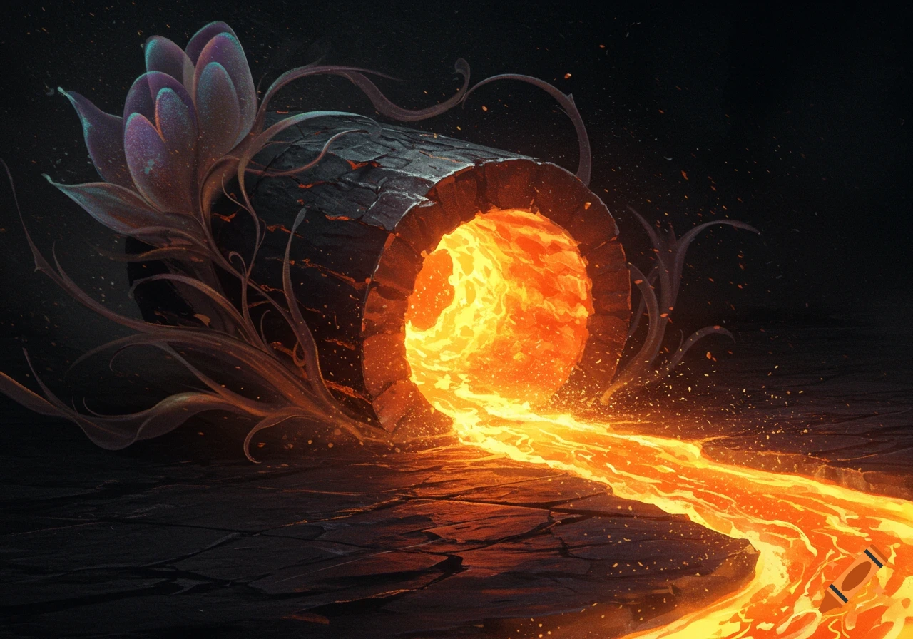 A dark, fantastical scene with a glowing, multi-petaled flower and molten orange liquid flowing from a stone pipe onto cracked ground.