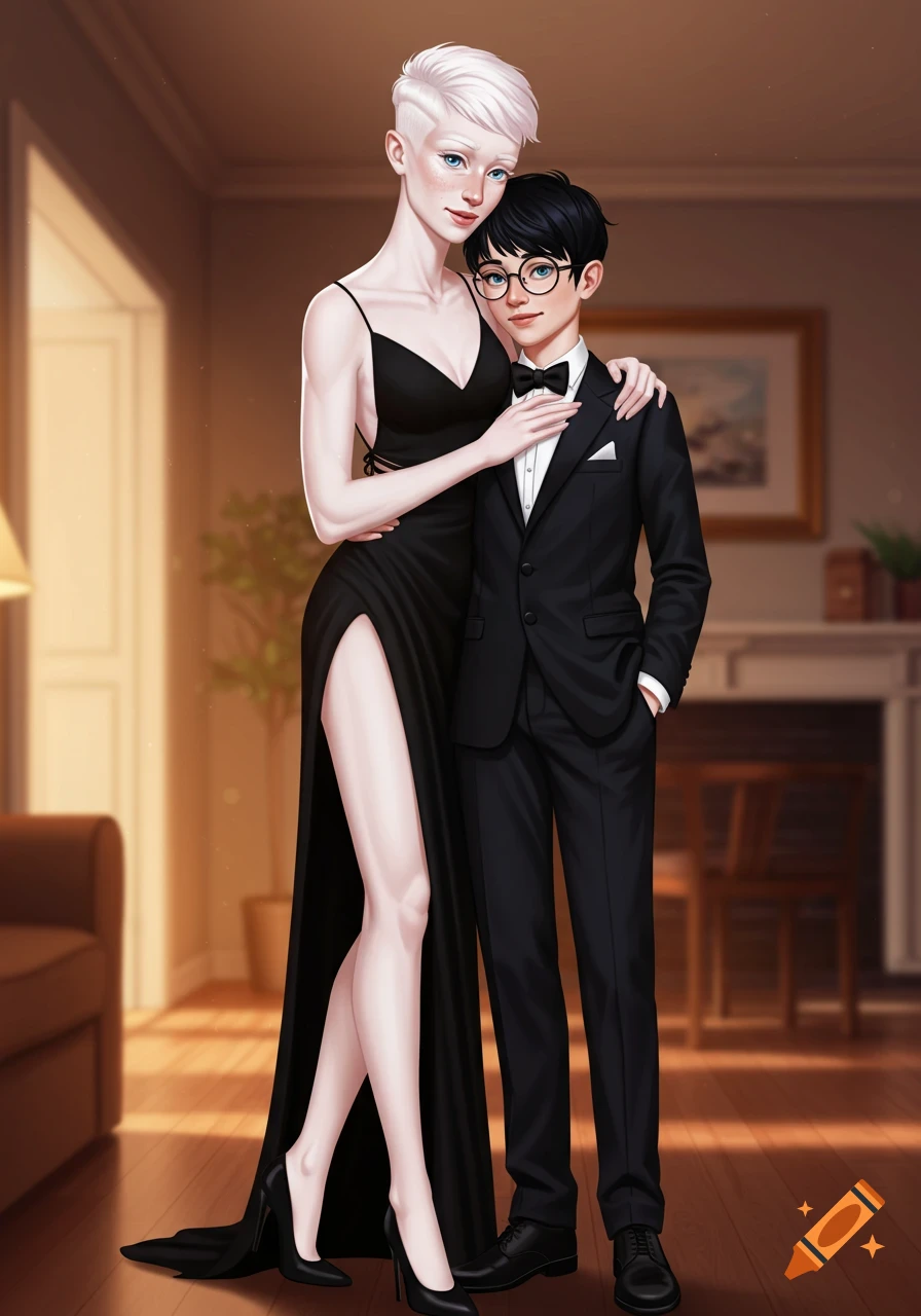 A tall albino woman in a black gown with a leg slit and a shorter woman in a tuxedo pose in a room. The tall woman embraces the shorter one.