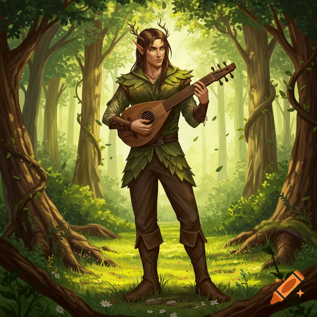 A male wood elf bard with antlers plays a lute in a sunlit green forest, fantasy illustration.