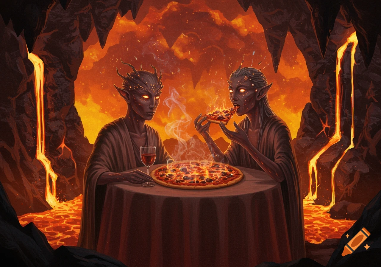 Two demon-like figures with glowing eyes eat a steaming pizza at a table in a lava-filled cave. Fantasy art style.