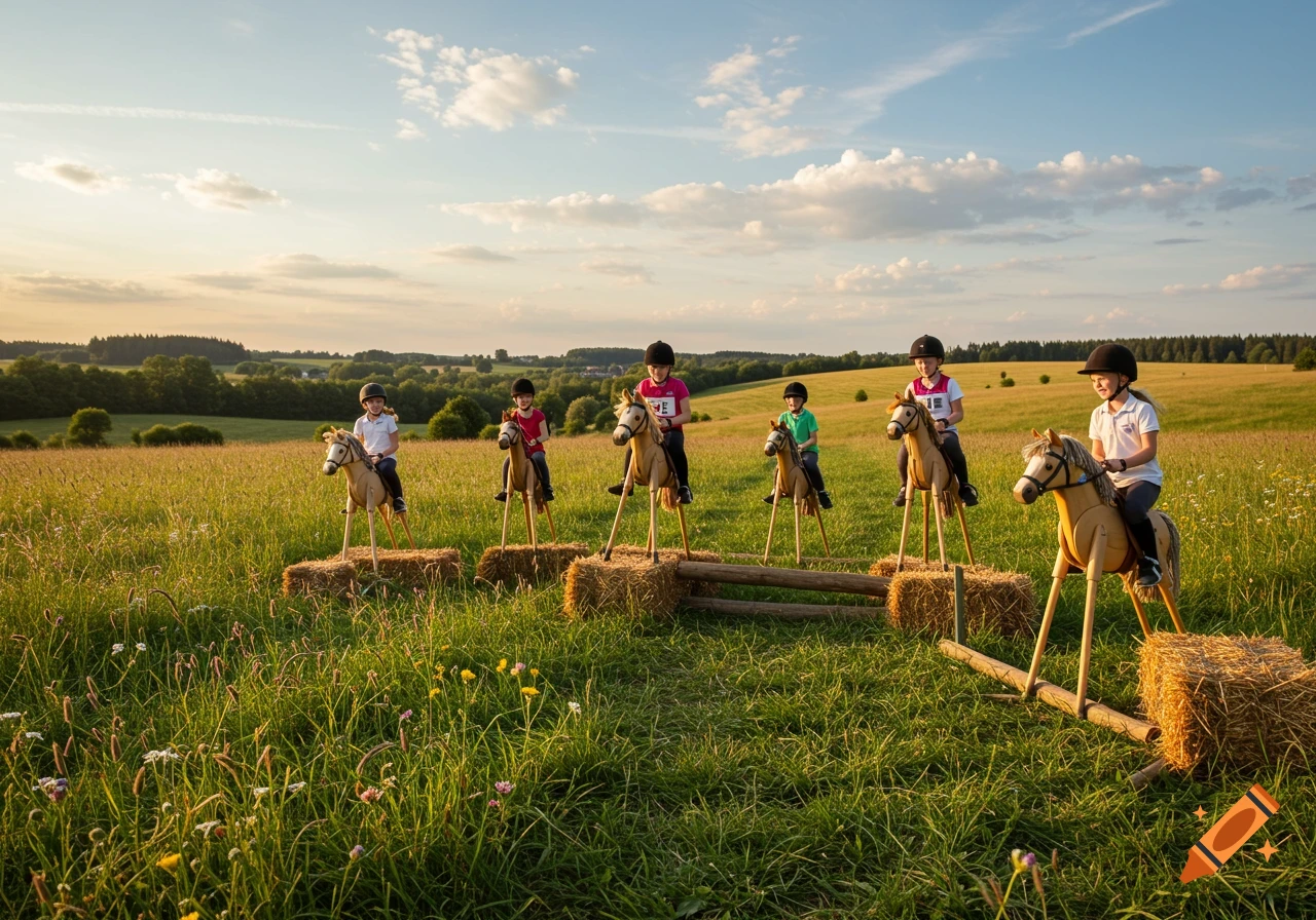 Six children in helmets ride hobby horses over hay bale obstacles in a sunlit grassy field. Photorealistic.