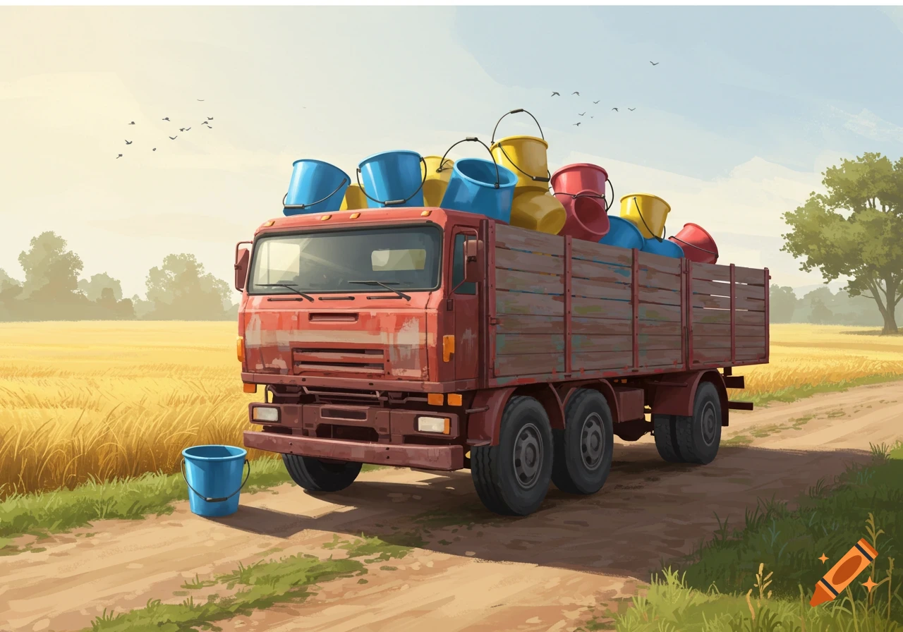 A red truck loaded with blue, yellow, and red buckets drives on a dirt road through a golden field.
