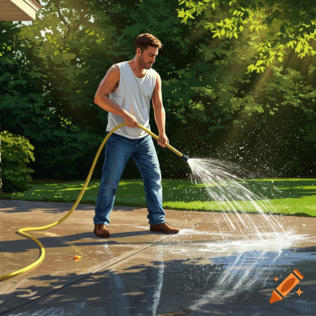 A man in a white tank top and jeans washes a sunny driveway with a hose, surrounded by green bushes.