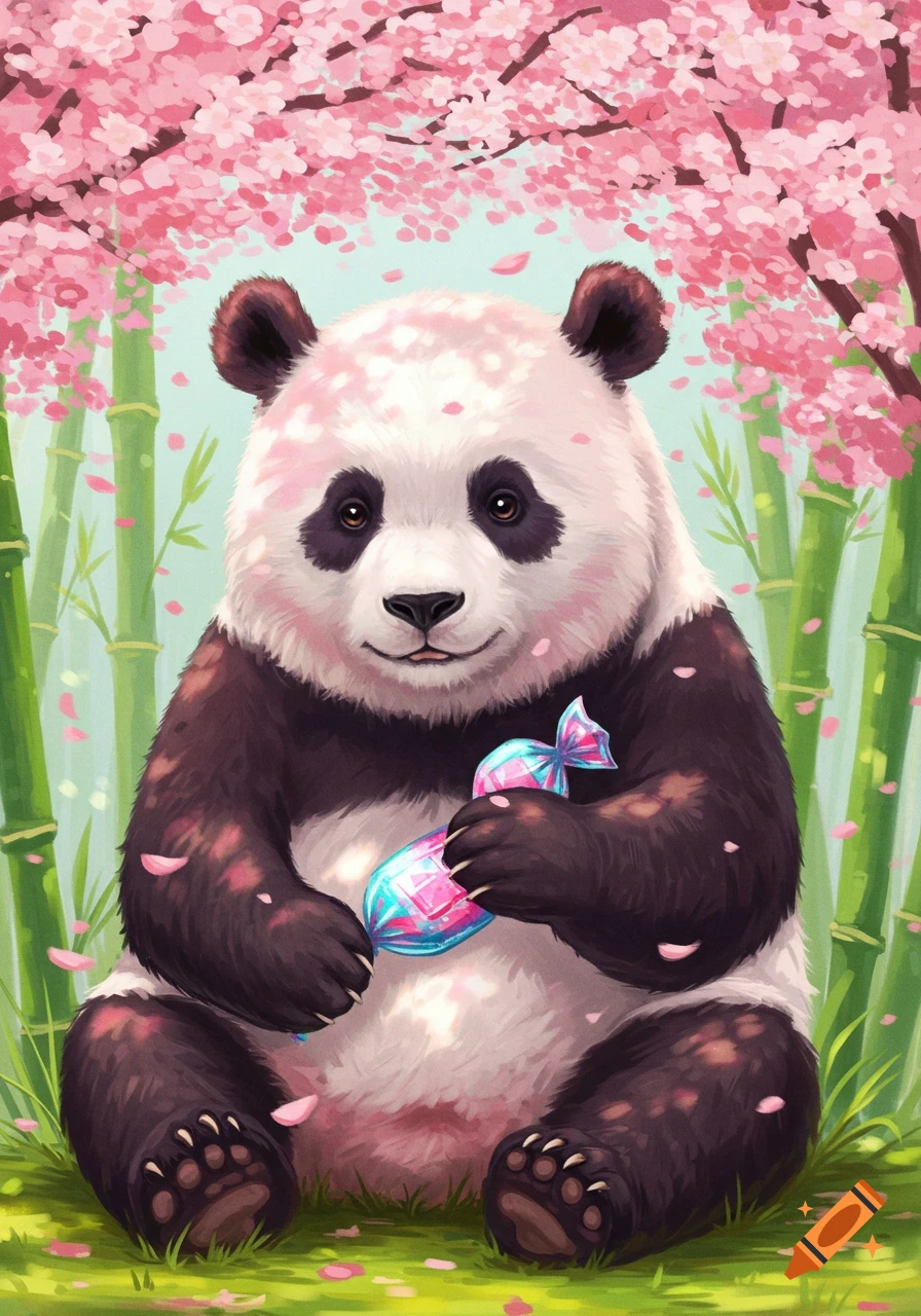A cute illustrated panda sits under cherry blossoms and bamboo, holding a pink and blue candy.