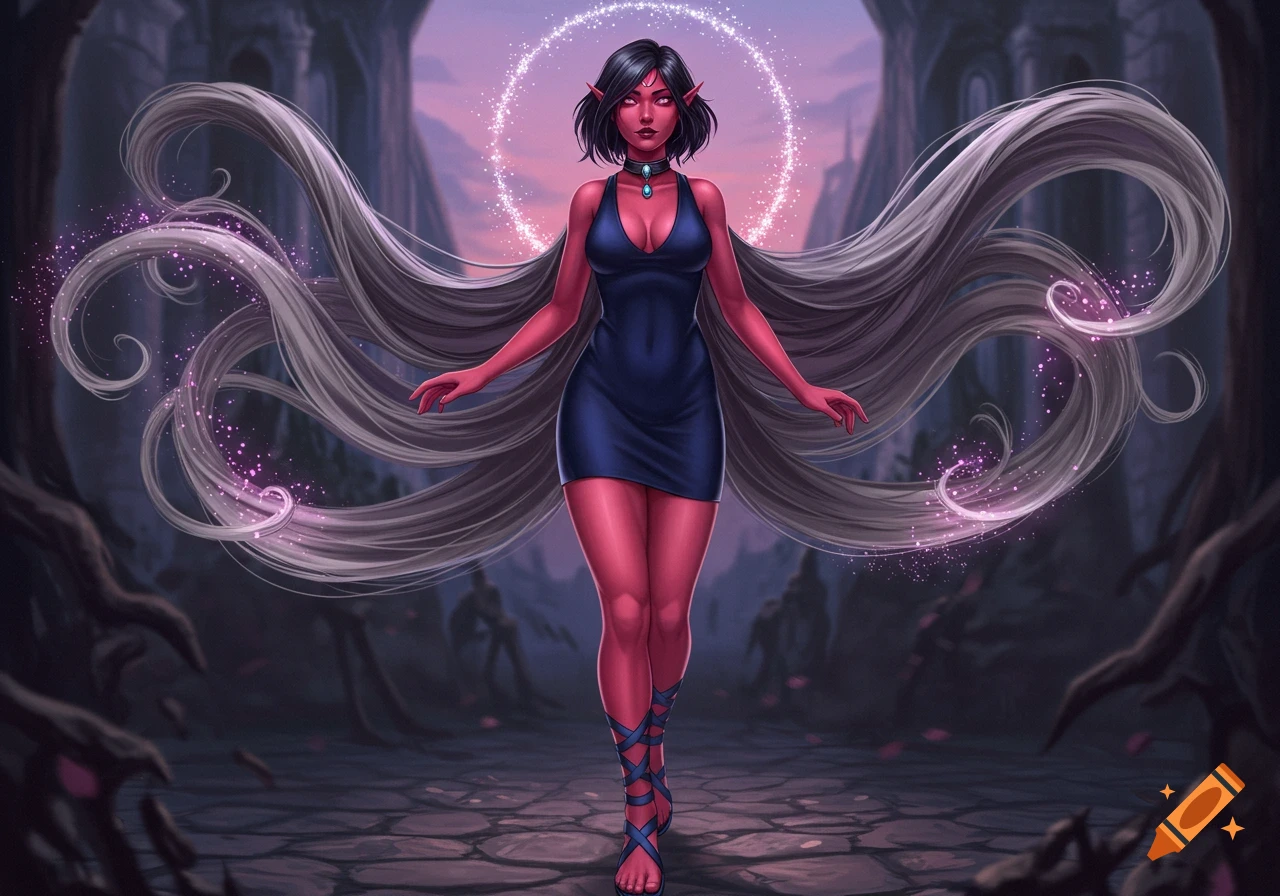Red-skinned female elf in a blue mini-dress with magically flowing hair and glowing halo, standing in a dark fantasy landscape. Digital art.